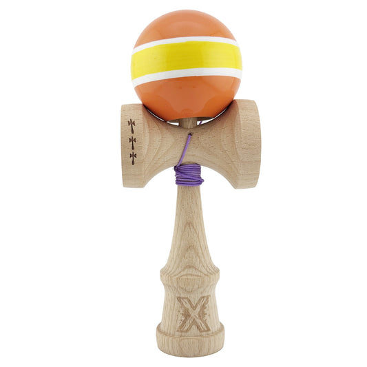 Kendama X Originala, Profesionala, Flippy, Big Cups V2, Super Sticky Legendary Cupe Mari, Rulment Metalic cu Ata 55 cm, Portocaliu/Galben/Alb