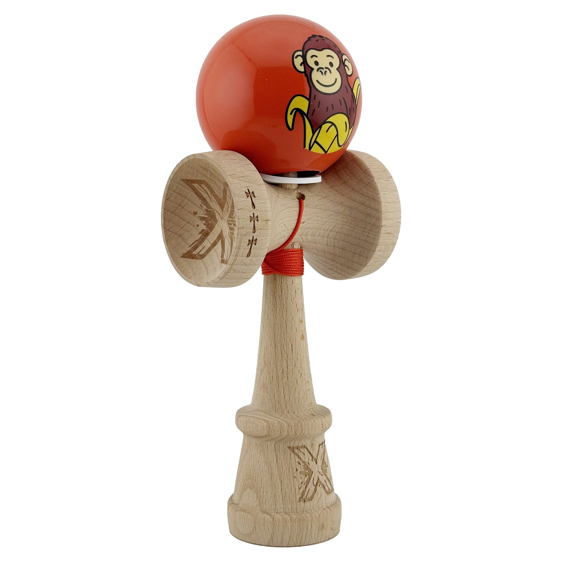 Kendama X Originala, Profesionala, Flippy, Brown Monkey, Super Sticky cu Cupe Mari King Size V3, Rulment Metalic si Gaura in Baza, din Lemn 18 cm, Ata 62/65 cm, Rosu