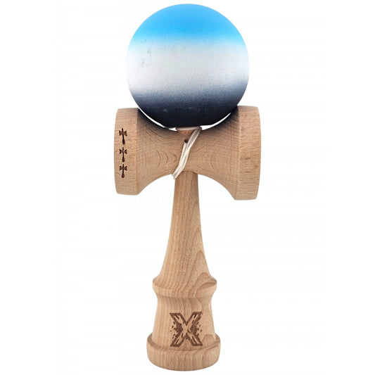 Kendama X Originala, Profesionala, Flippy, Big Cups V2, Rubber Grip cu Cupe Mari, Rulment Metalic cu Ata 55 cm, Gradient Albastru/Alb/Negru