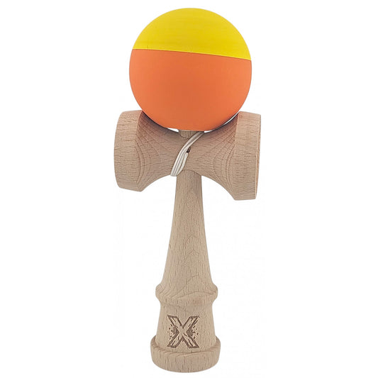 Kendama X Originala, Profesionala, Flippy, din Lemn, Rubber Grip, 18 cm, Galben/Portocaliu
