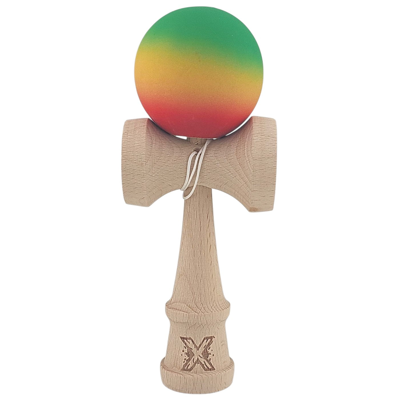 Kendama X Originala, Profesionala, Flippy, din Lemn, Rubber Grip, 18 cm, Gradient Verde/Galben/Rosu