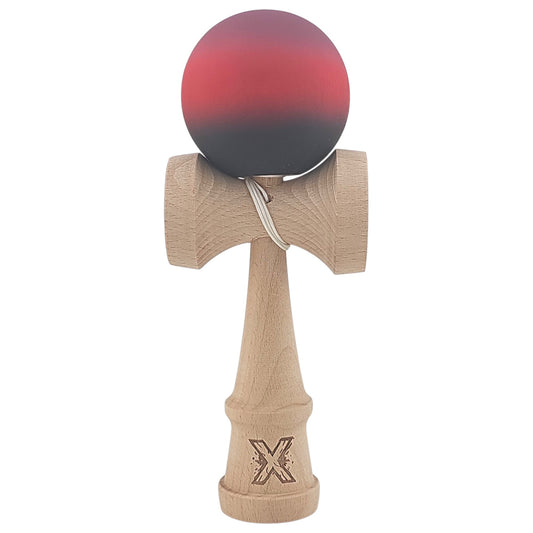 Kendama X Originala, Profesionala, Flippy, din Lemn, Rubber Grip, 18 cm, Mov/Rosu/Negru