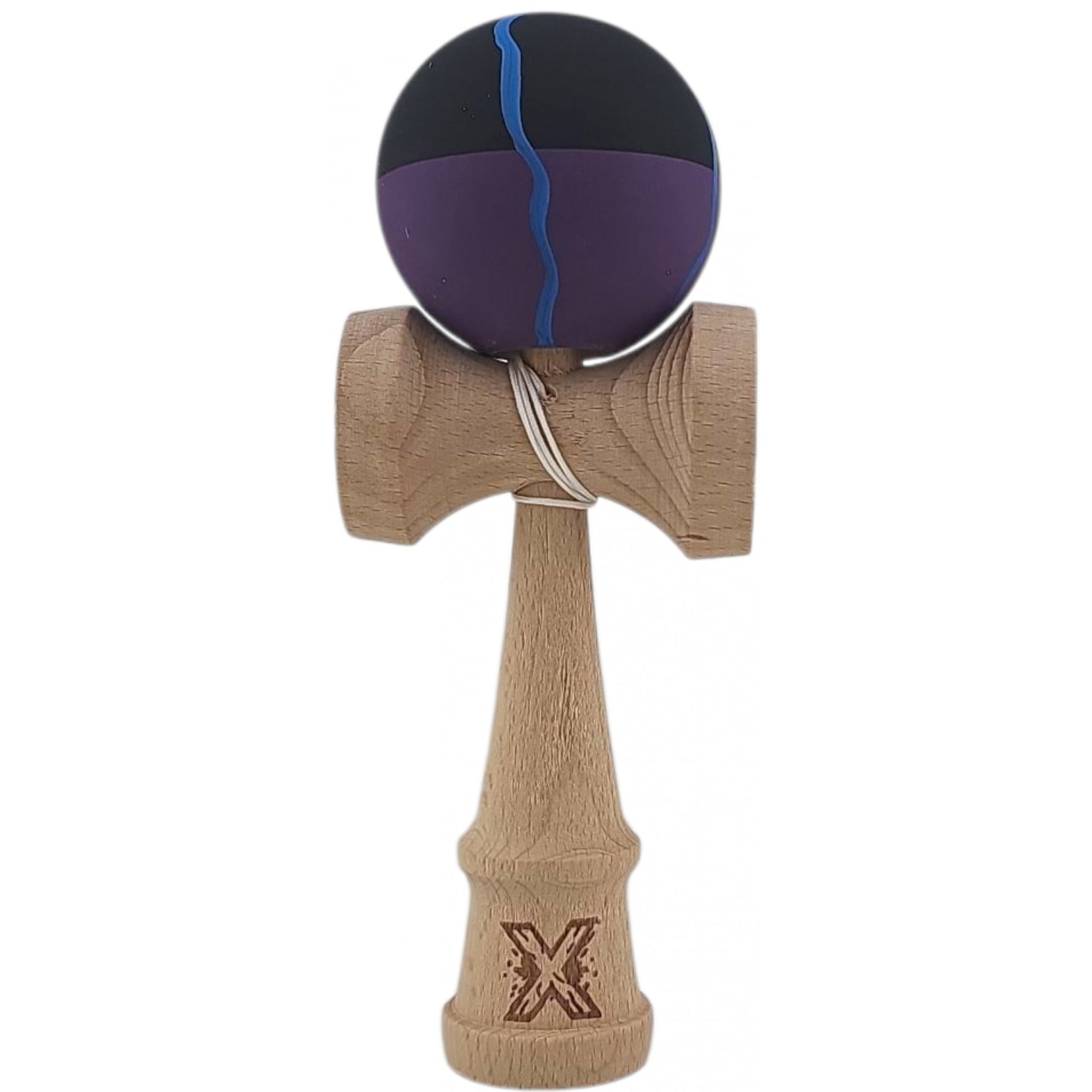 Kendama X Originala, Profesionala, Flippy, din Lemn, Rubber Grip, 18 cm, Negru/Mov/Albastru