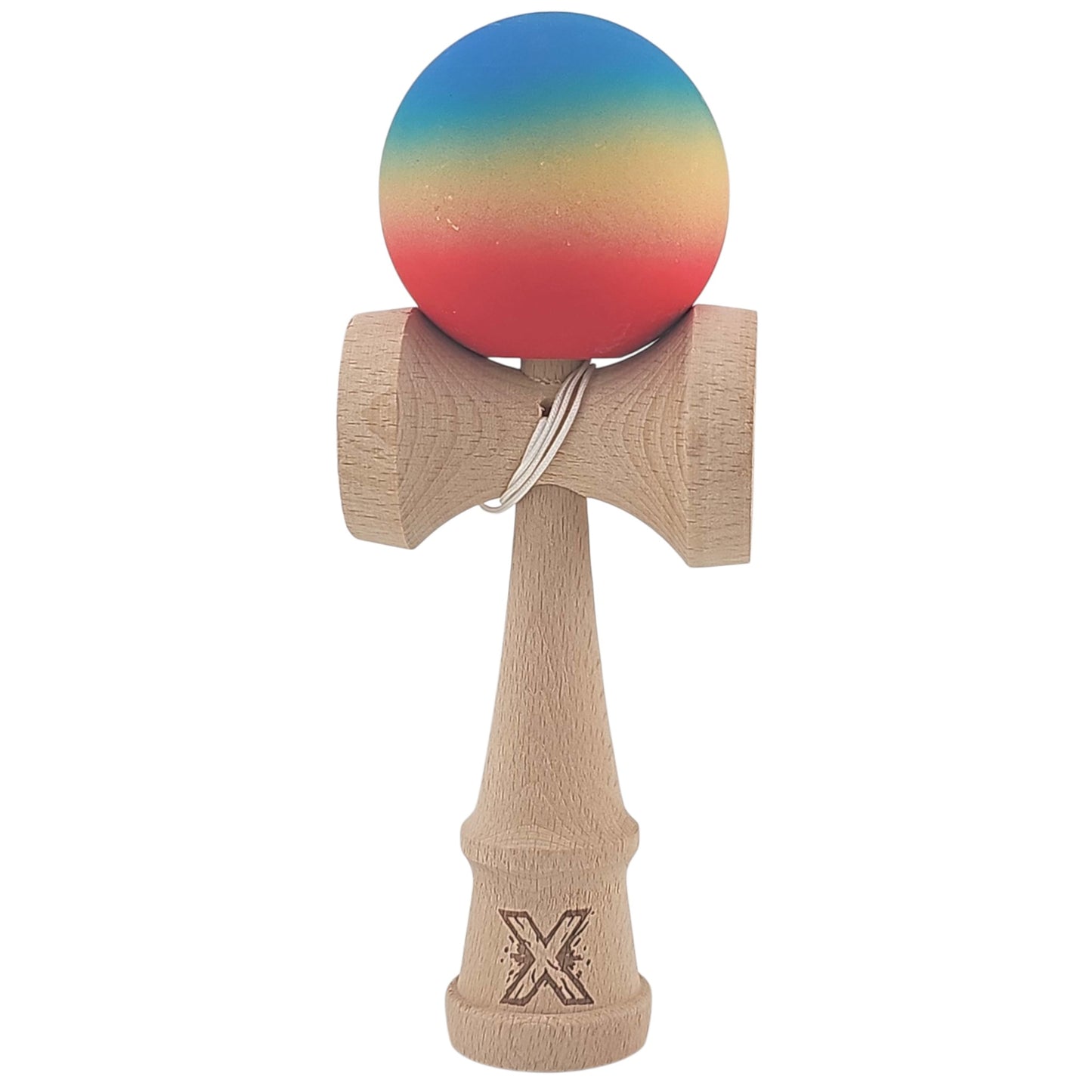 Kendama X Originala, Profesionala, Flippy, din Lemn, Rubber Grip, 18 cm, Rosu/Galben/Albastru