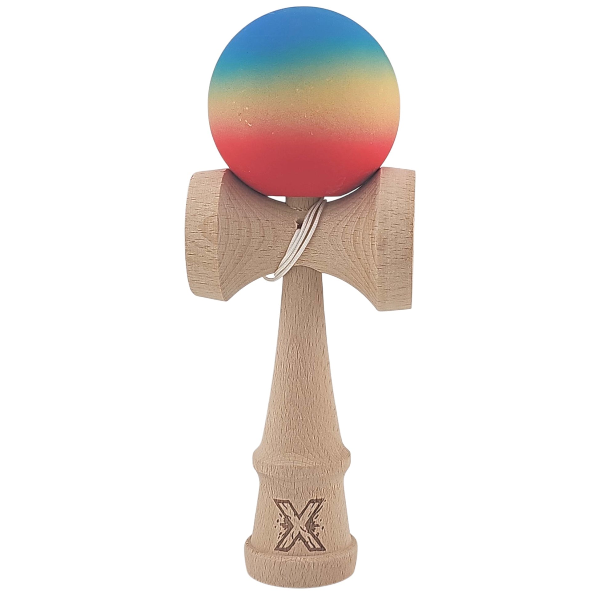 Kendama X Originala, Profesionala, Flippy, din Lemn, Rubber Grip, 18 cm, Rosu/Galben/Albastru