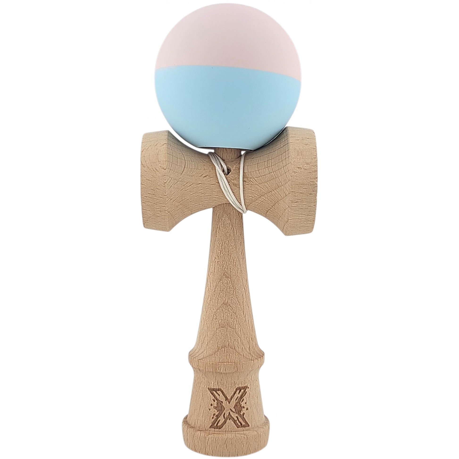 Kendama X Originala, Profesionala,  Flippy, din lemn, Rubber Grip, 18 cm, Roz/Albastru