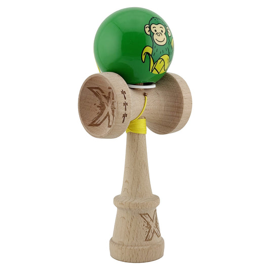 Kendama X Originala, Profesionala, Flippy, Green Monkey, Super Sticky cu Cupe Mari King Size V3, Rulment Metalic si Gaura in Baza, din Lemn 18 cm, Ata 62/65 cm, Verde