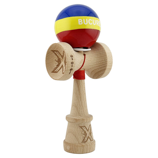 Kendama X Originala, Profesionala, Flippy, Tricolor Edition BUCURESTI, Super Sticky cu Cupe Mari KING SIZE V3, Rulment Metalic si Gaura in Baza, din Lemn 18 cm, Ata 62/65 cm, Multicolor