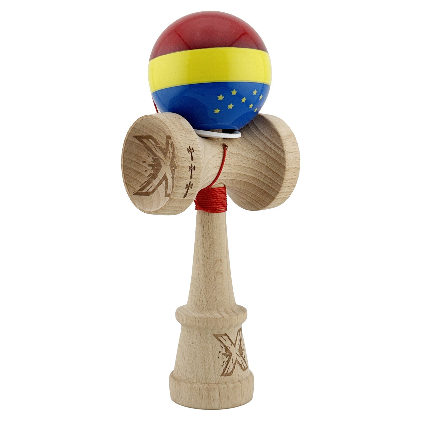 Kendama X Originala, Profesionala, Flippy, Tricolor Edition cu Stele, Super Sticky cu Cupe Mari KING SIZE V3, Rulment Metalic si Gaura in Baza, din Lemn 18 cm, Ata 62/65 cm, Multicolor