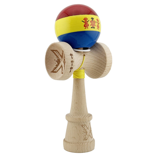 Kendama X Originala, Profesionala, Flippy, Tricolor Edition Stil Romanesc, Super Sticky cu Cupe Mari KING SIZE V3, Rulment Metalic si Gaura in Baza, din Lemn 18 cm, Ata 62/65 cm, Multicolor