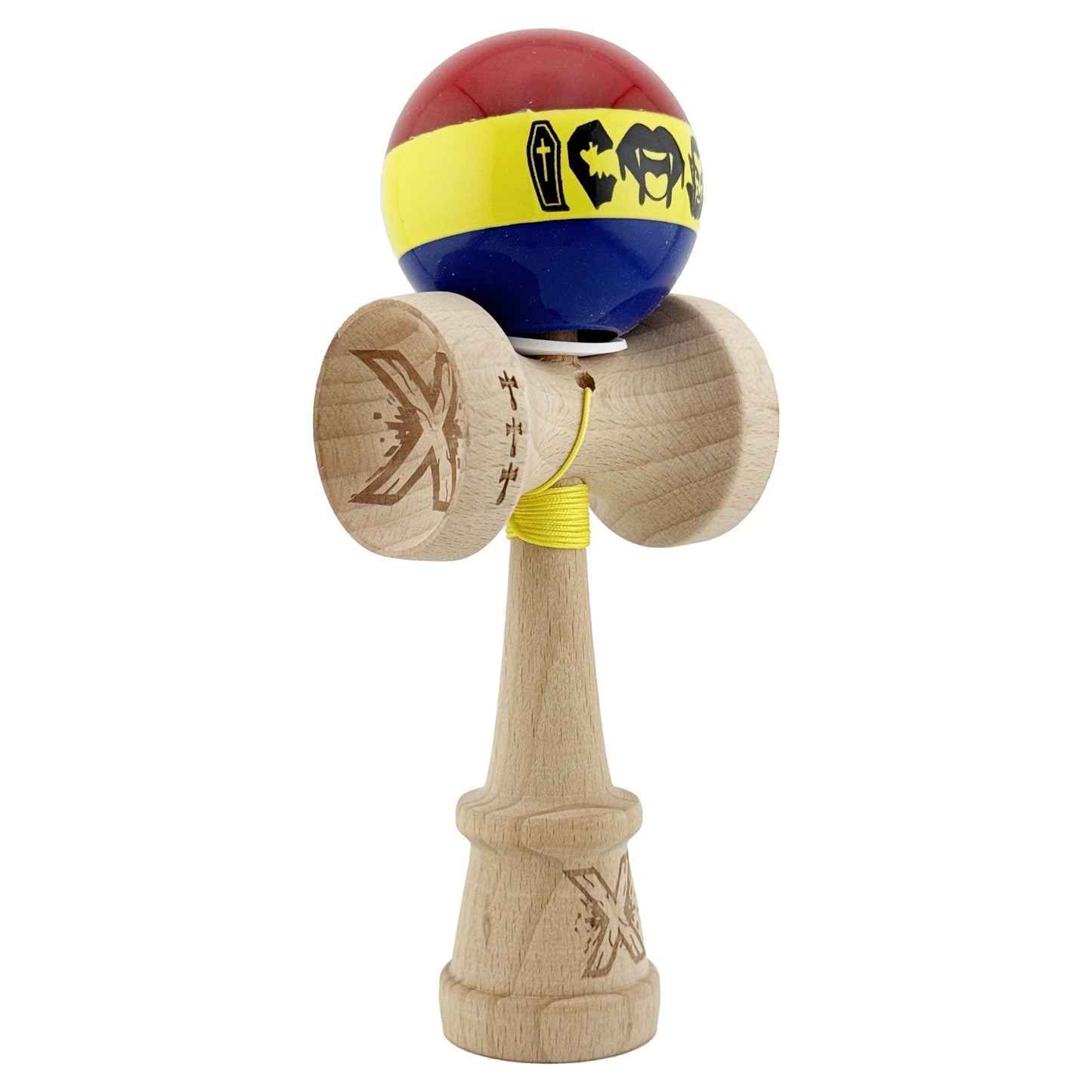 Kendama X Originala, Profesionala, Flippy, Tricolor Edition Vampir Dracula, Super Sticky cu Cupe Mari KING SIZE V3, Rulment Metalic si Gaura in Baza, din Lemn 18 cm, Ata 62/65 cm, Multicolor