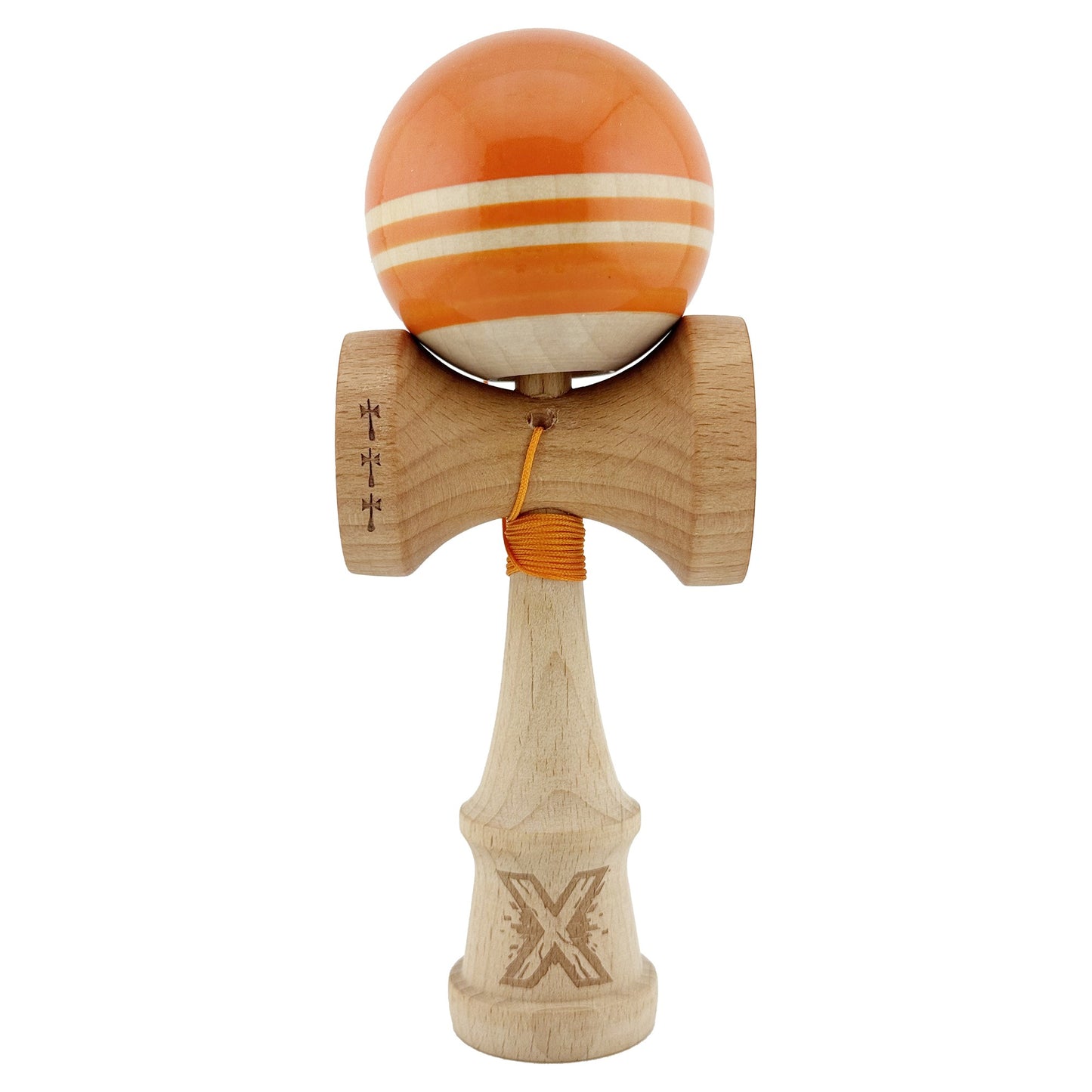 Kendama X Rainbow Originala, Profesionala, Flippy, Big Cups V2, Super Sticky cu Cupe Mari, Rulment Metalic, din lemn 18 cm, Ata 55 cm, Portocaliu/Maro