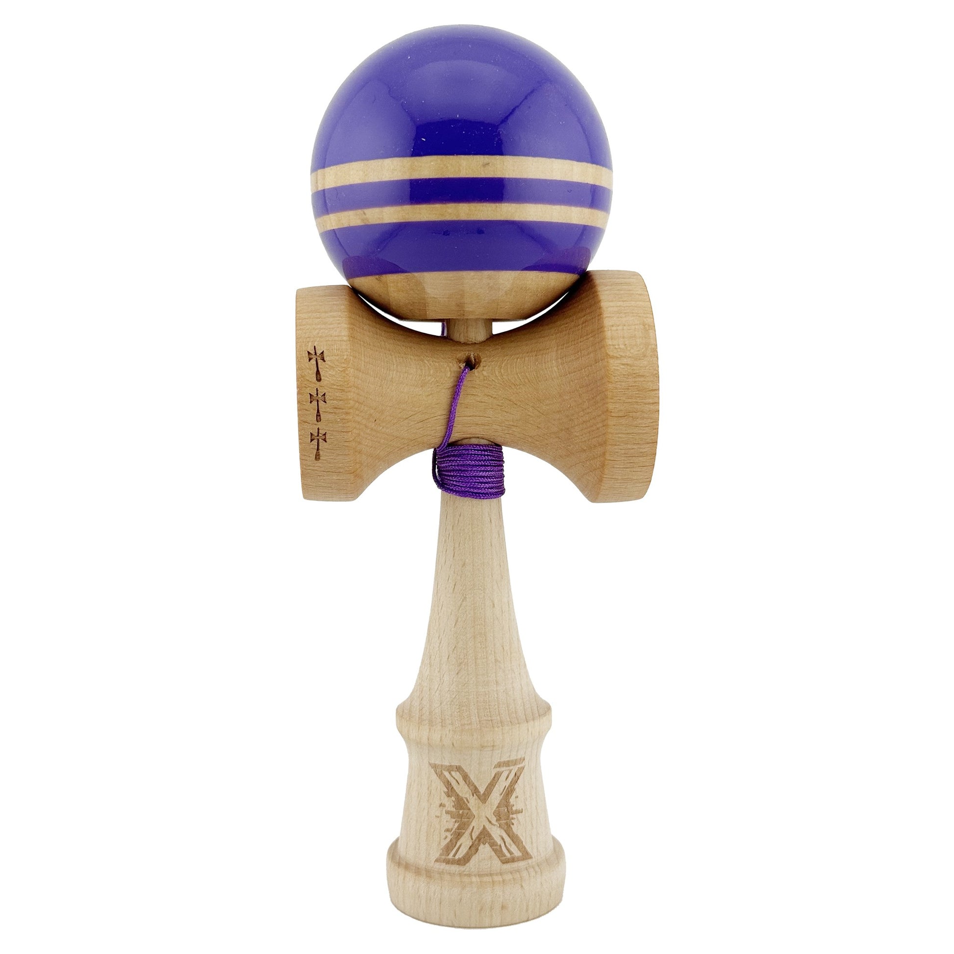 Kendama X Rainbow Originala, Profesionala, Flippy, Big Cups V2, Super Sticky cu Cupe Mari, Rulment Metalic, din lemn 18 cm, Ata 55 cm, Indigo/Maro