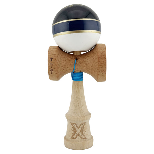 Kendama X ROYAL SPIKE Originala, Profesionala, Flippy, Big Cups V2, Super Sticky cu Cupe Mari, Rulment Metalic, din lemn 18 cm, Ata 55 cm, Negru/Dark Blue Gold/Alb