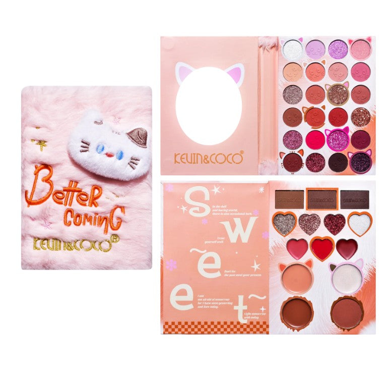 Set de Machiaj Kevin&Coco, 38 culori, Fard Ochi, Iluminatoare si Contouring, Husa Pufoasa, Model Pisicuta, 17.3x12.5x5 cm, Multicolor