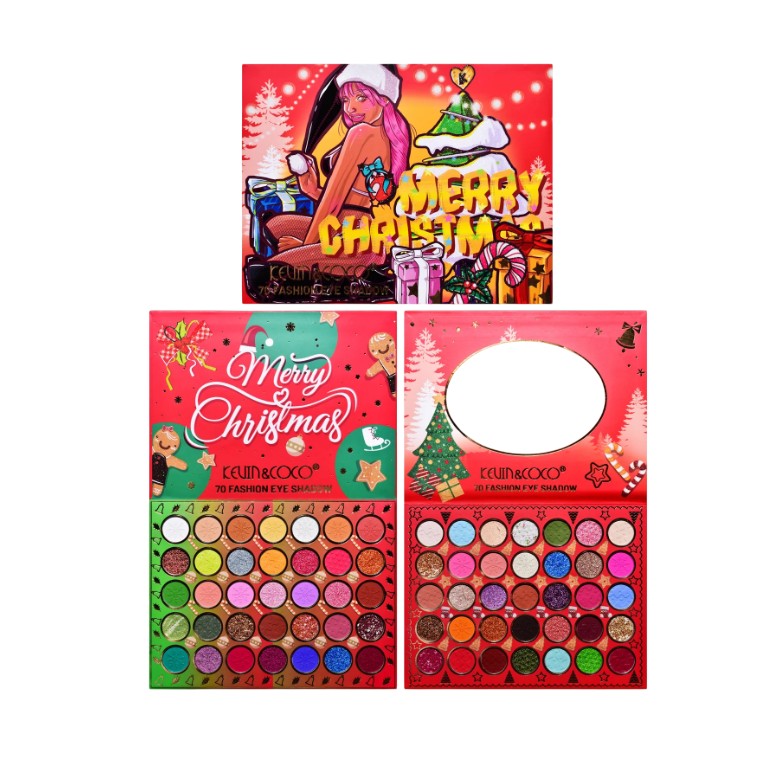 Set de Machiaj Kevin&Coco, 70 de Culori, Paleta de Farduri, Model Merry Christmas, Oglinda Ovala, 22.3x17.2x1.9 cm, Multicolor