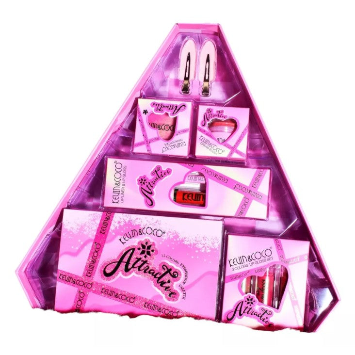 Set de Machiaj din 6 Piese Kevin&Coco, Farduri de Pleoape, Iluminator, Lip Gloss-uri, Creioane de Buze, Blush, Agrafe, Model Atractive, 35x33x10.5 cm, Multicolor