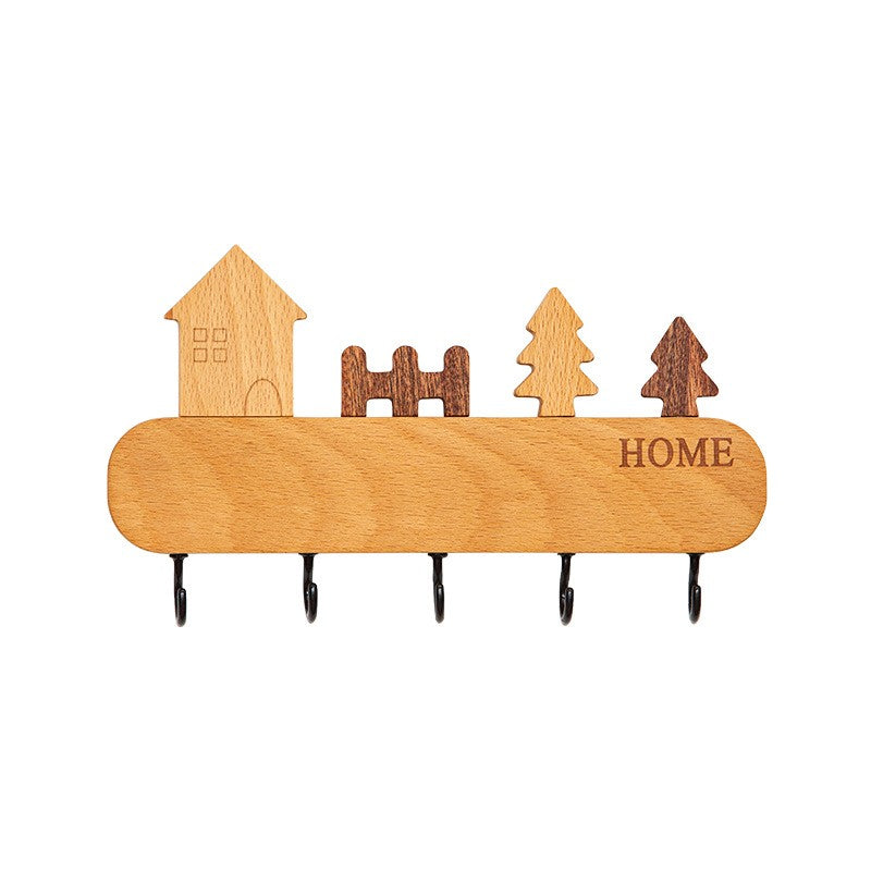 Suport pentru Chei, Flippy, din Lemn, Aplicare fara Perforare, Adeziv Inclus, 5 Carlige Negre, Model Casuta, Greutate Suportata 5 kg, 13.5 x 23 cm, Maro