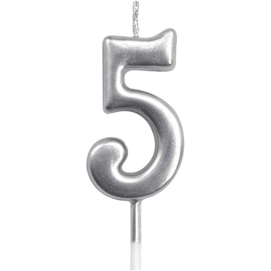 Lumanare de Tort, Flippy, Model Cifra 5, Party, 4.5 x 2.5 cm, din Parafina, Argintiu
