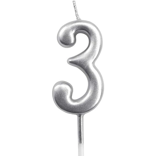 Lumanare de Tort, Flippy, Model Cifra 3, Party, 4.5 x 2.5 cm, din Parafina, Argintiu