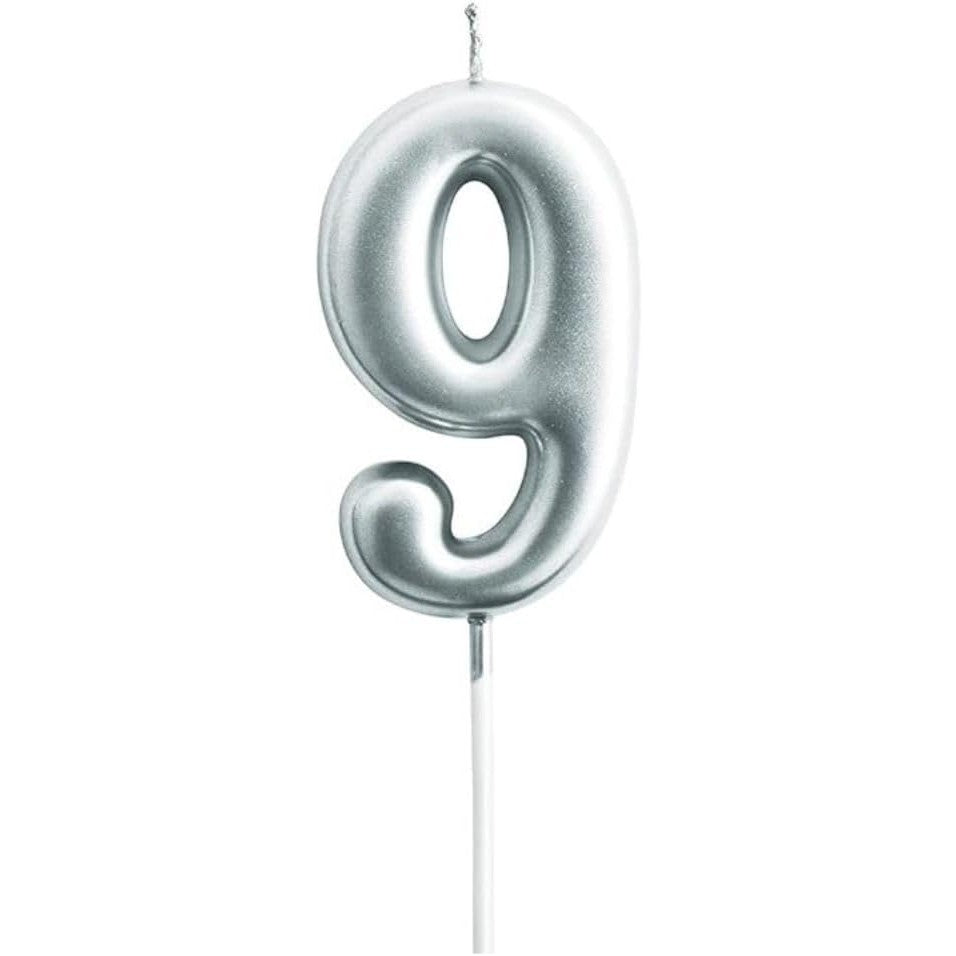Lumanare de Tort, Flippy, Model Cifra 9, Party, 4.5 x 2.5 cm, din Parafina, Argintiu