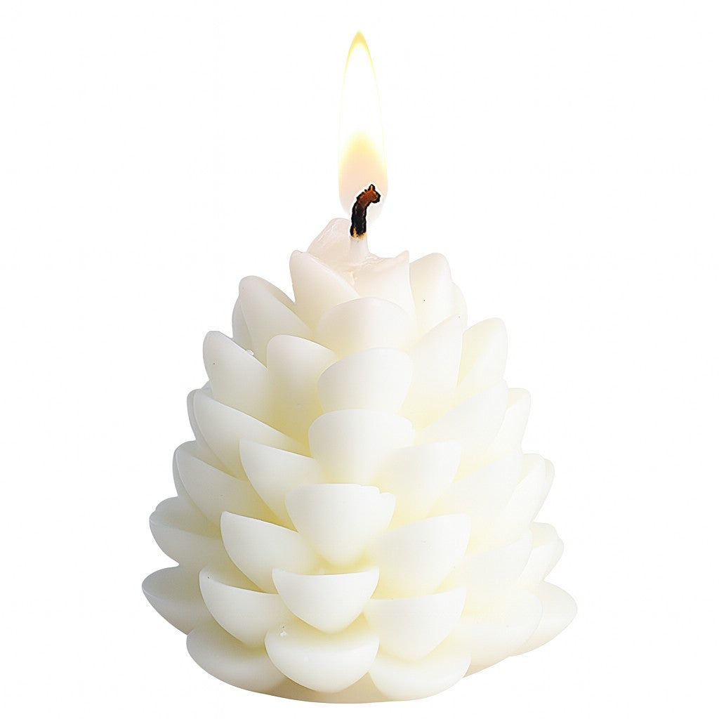 Lumanare Parfumata de Craciun, Flippy, Model Con de Pin, din Ceara de Soia, Cadou Creativ Handmade de Craciun, 7 x 6.5 x 6.5 cm, Alb