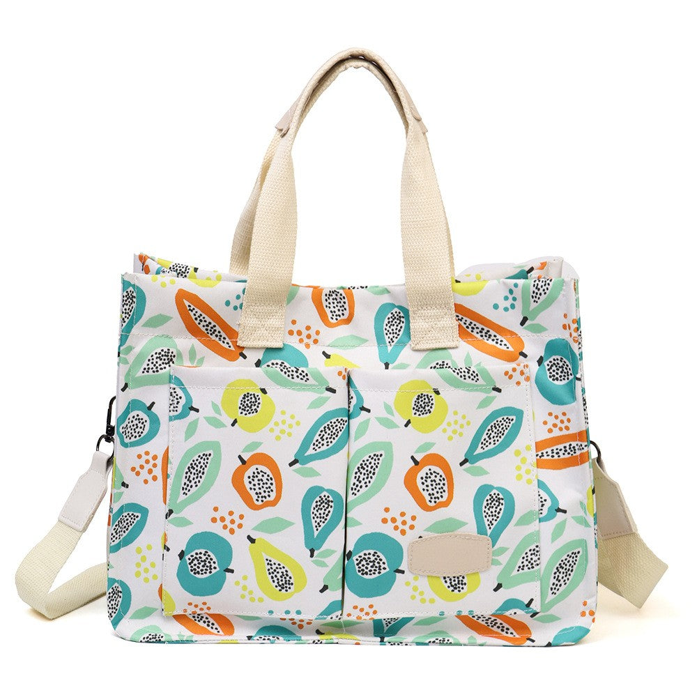 Geanta de Mana/Umar, Multifunctionala, Flippy, Inchidere cu Capsa, Imprimeu Fructe, Material Textil, 33.5 x 25 x 14.5 cm, Multicolor