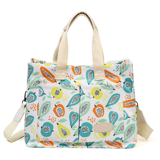 Geanta de Mana/Umar, Multifunctionala, Flippy, Inchidere cu Capsa, Imprimeu Fructe, Material Textil, 33.5 x 25 x 14.5 cm, Multicolor