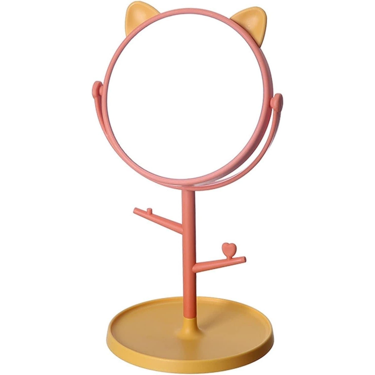 Oglina Cosmetica cu Picior, Flippy, HD, Rotire 360 Grade, 15 cm Diametru, Suport Bijuterii Baza Rotunda + 2 Brate, Model cu Urechi, 31 x 14.5 x 15 cm, din Plastic, Portocaliu/Galben