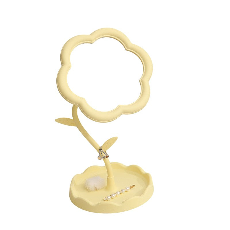 Oglindă de Machiaj pentru Birou, Flippy, Rotativă, Detasabilă, Model de Floarea Soarelui, Suport pentru Inele, cu Depozitare, Galbena