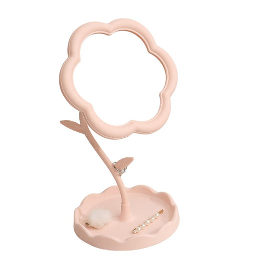 Oglindă de Machiaj pentru Birou, Flippy, Rotativă, Detasabilă, Model de Floarea Soarelui, Suport pentru Inele, cu Depozitare, Roz