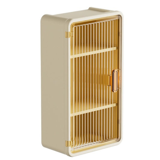 Organizator Cosmetice, Flippy, Montare pe Perete fara Perforare, 36.5x10.9x20 cm, cu 3 Rafturi, din PP si ABS, Bej, Usa Transparenta