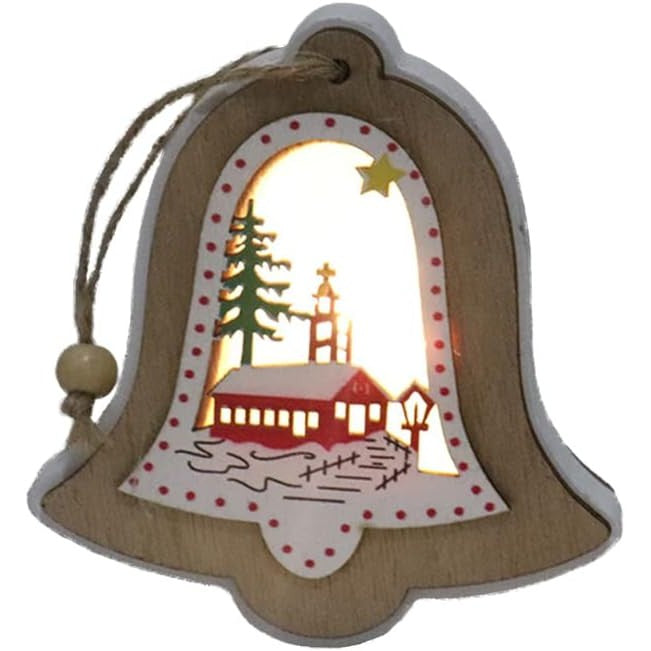 Ornament de Brad, Flippy, cu Lumini LED, din Lemn, Model Clopot, Multicolor