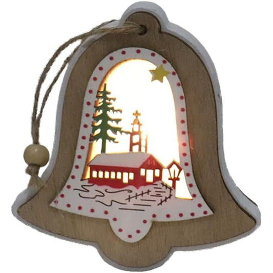 Ornament de Brad, Flippy, cu Lumini LED, din Lemn, Model Clopot, Multicolor