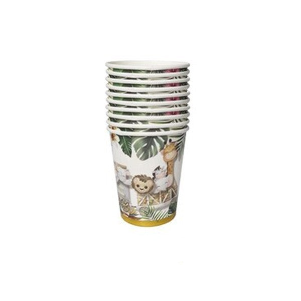 Pahare Cartonate pentru Petreceri, Flippy, Set 10 Pahare Cartonate pentru Zile de Nastere, Model Safari cu animale, 230 ml, 8.6 x 7.5 cm, Multicolor