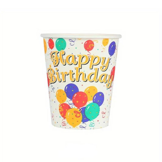 Pahare Cartonate pentru Petreceri, Flippy, Set 10 Pahare Cartonate pentru Zile de Nastere si Aniversari, Model HAPPY BIRTHDAY, 230 ml, 8.6 x 7.5 cm, Multicolor