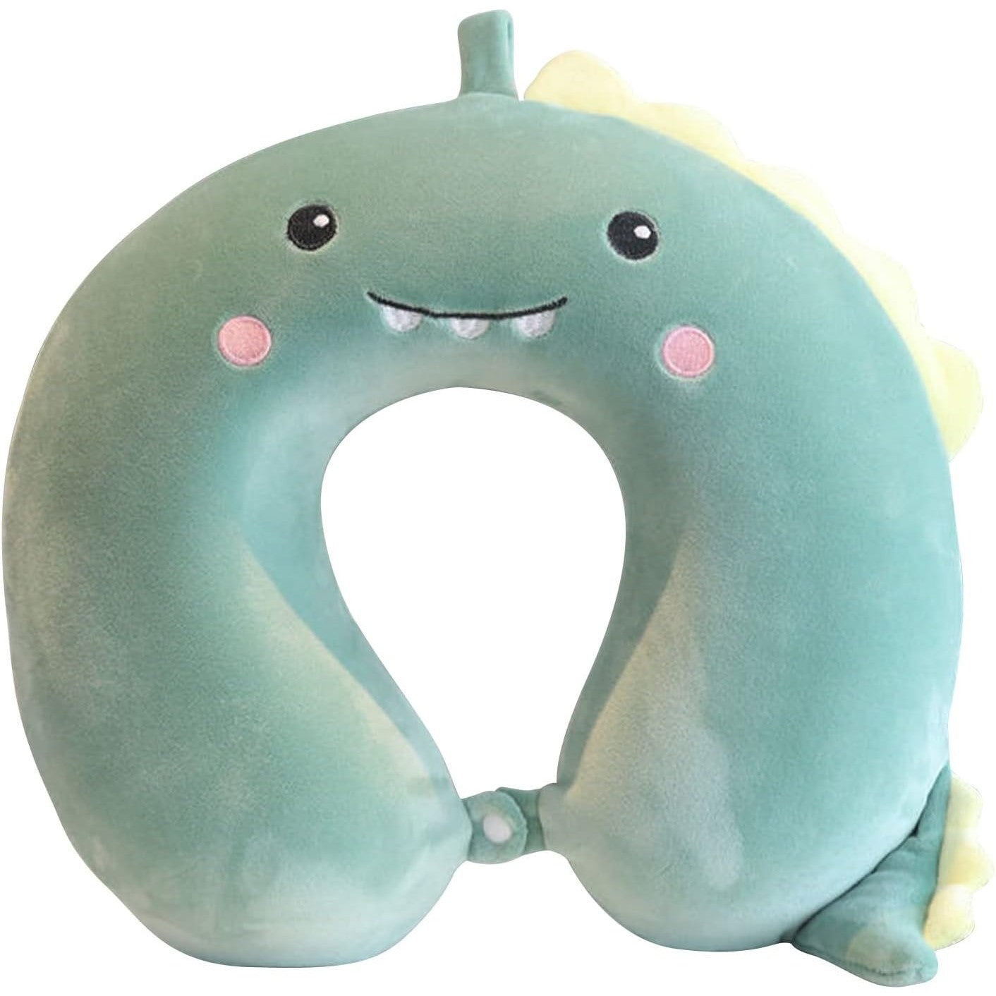 Perna de Calatorie in Forma de U, Flippy, Pentru Gat si Cap, Umplutura din Spuma cu Memorie, 30x30 cm, Model Dinozaur, Accesoriu de Voiaj, Birou, Masina, Sistem Prindere Capse, Verde