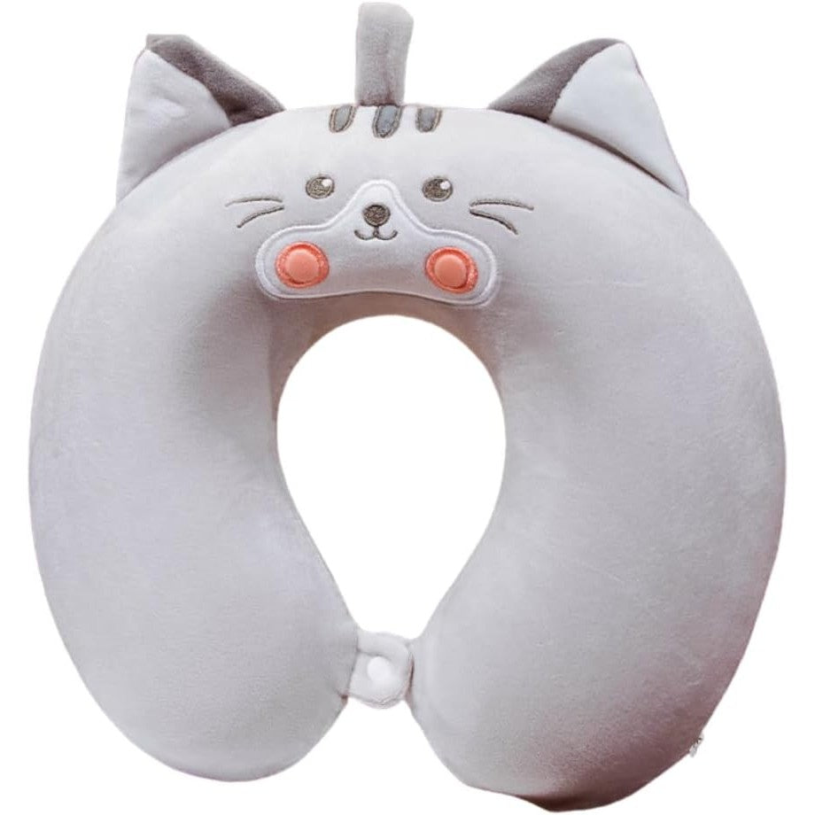 Perna de Calatorie in Forma de U, Flippy, Pentru Gat si Cap, Umplutura din Spuma cu Memorie, 30x30 cm, Model Pisica, Accesoriu de Voiaj, Birou, Masina, Sistem Prindere Capse, Gri