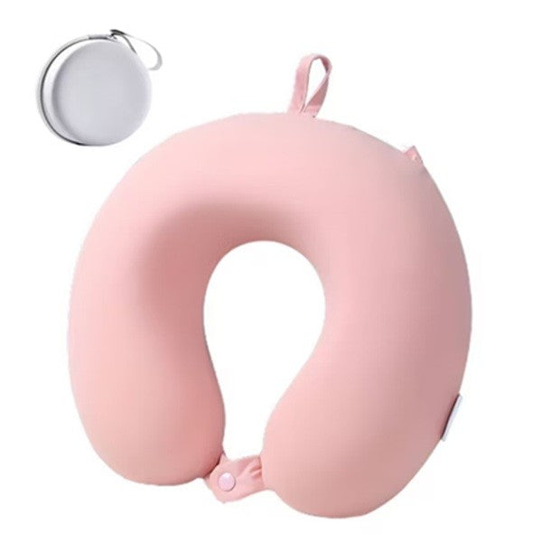 Perna de Calatorie in Forma de U, Flippy, Pentru Gat si Cap, Umplutura din Spuma cu Memorie, 30x30 cm, Sistem Prindere Capse, Cutie de Depozitare, Roz
