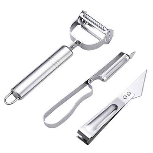 Accesorii de Curatat Decojit Fructe Legume, Flippy, Set 3 Piese, Feliator Cutit Decojitor, Legume si Fructe, din Otel Inoxidabil, cu Maner, Argintiu