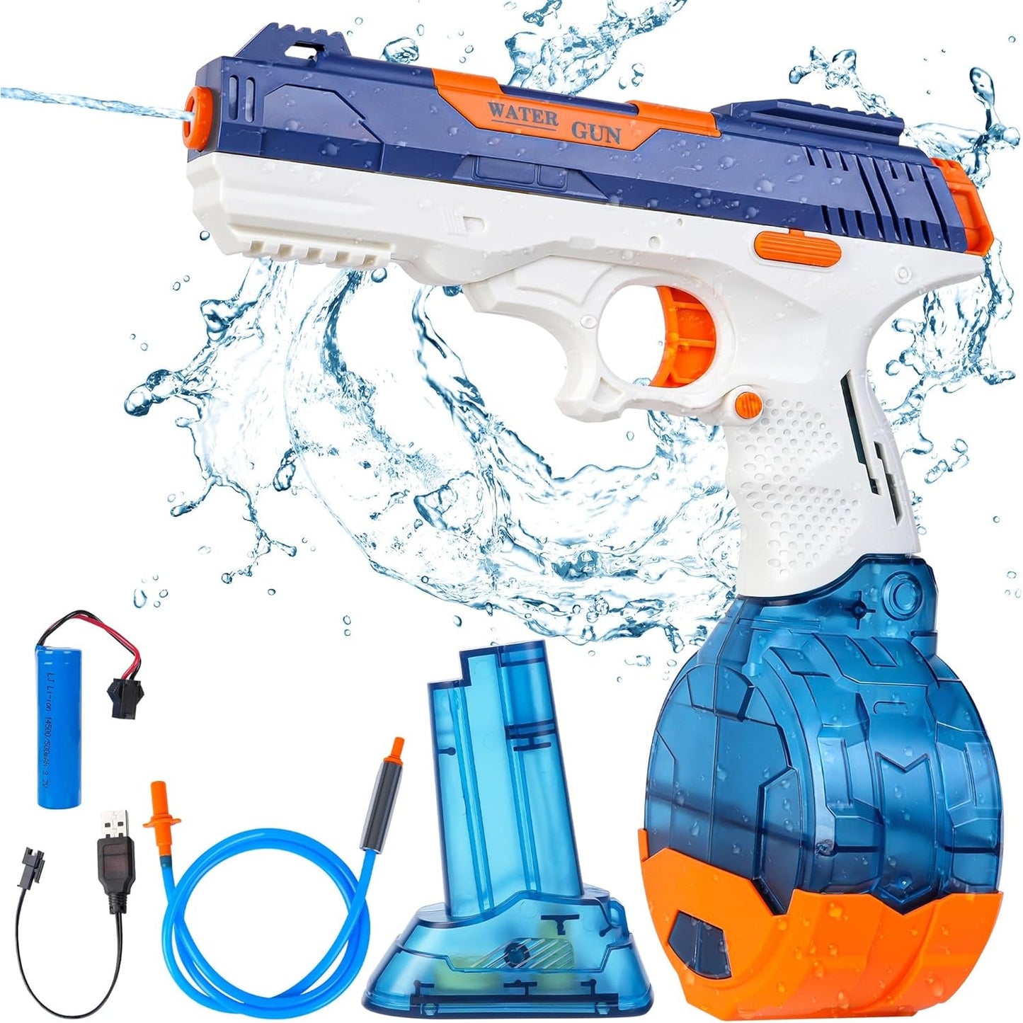 Pistol cu Apa Electric, Flippy, 2 Rezervoare 75/350 ml, din ABS+Silicon, Baterie, Incarcare USB, Conectare la Furtun, +6 Ani, Albastru