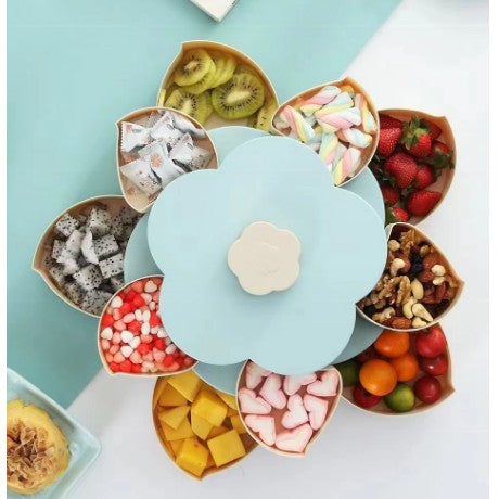 Tava pentru Servire, Flippy, pentru Fructe / Legume / Snackuri, cu Sertare, Deschidere Rotativa, pe 2 Straturi, in Forma de Floare, 26 x 26 x 11.5 cm Albastru