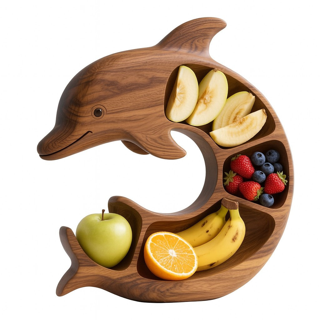 Platou pentru Servire, Flippy, in Forma de Delfin, 4 Compartimente pentru Mezeluri, Branzeturi, Snacksuri, Fructe, Design Artistic, din Lemn Masiv, 26 x 25 x 4 cm, Maro Natur
