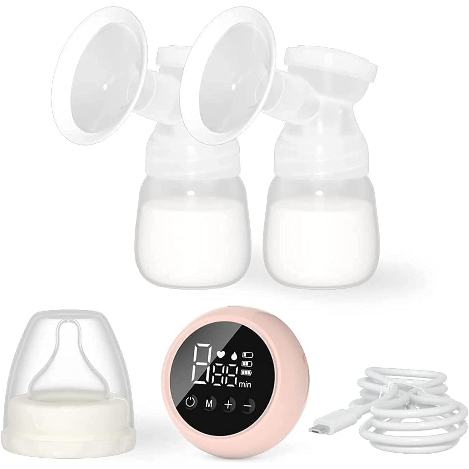 Pompa de San Electrica 2 in 1, Flippy, cu 2 Biberoane, Capacitate 180 ml, Incarcare USB Tip C, 1200 mAh, 2 Moduri, 9 Viteze, Roz Transparent