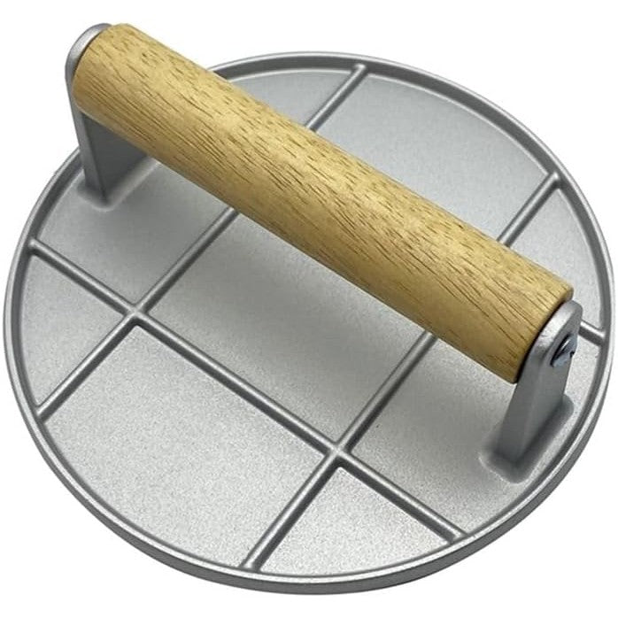 Presa Manuala pentru Carne, Flippy, din Aliaj de Aluminiu, Maner din Lemn, Presa pentru Burgeri, Usor de Curatat si Folosit, Rotunda, 16x16x6 cm, Gri