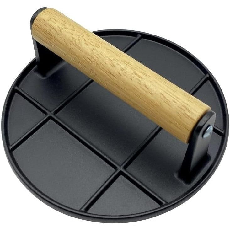 Presa Manuala pentru Carne, Flippy, din Aliaj de Aluminiu, Maner din Lemn, Presa pentru Burgeri, Usor de Curatat si Folosit, Rotunda, 16x16x6 cm, Neagra