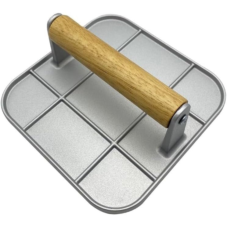Presa Manuala pentru Carne, Flippy, din Aliaj de Aluminiu, Maner din Lemn, Presa pentru Burgeri, Usor de Curatat si Folosit, Patrata, 16x16x6 cm, Gri