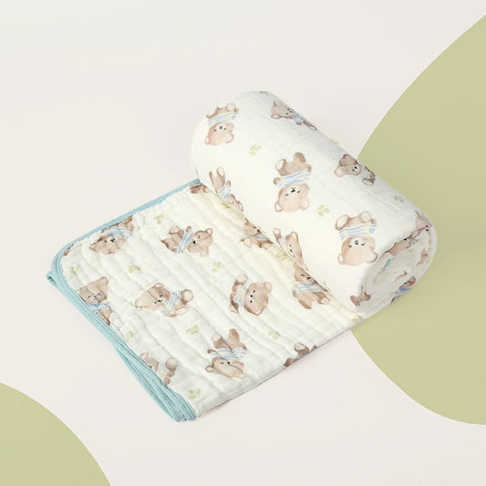 Prosop de baie din bumbac si tifon pentru Bebelusi, Flippy, cu Sase Straturi, pentru Copii, 110x110 cm, Model Ursuleti, Bej Albastru