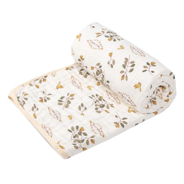 Prosop de baie din bumbac si tifon pentru Bebelusi, Flippy, cu Sase Straturi, pentru Copii, 110x110 cm, Model Frunze, Bej Galben
