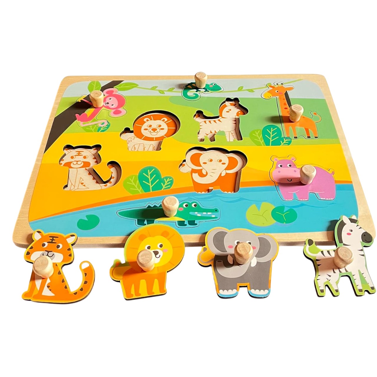 Puzzle Montessori din Lemn pentru Copii, Flippy, 0-3 Ani, Model Animale din Jungla, Educativ, Intuitiv, Creativ, 9 Piese, 30x22.5x0.8 cm, Multicolor